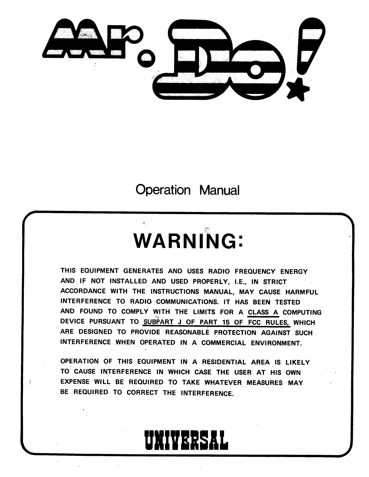 Universal Mr. Do OPERATION MANUAL