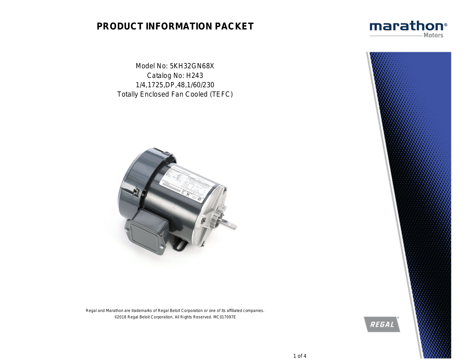 Marathon Electric 5KH32GN68X Product Information Packet