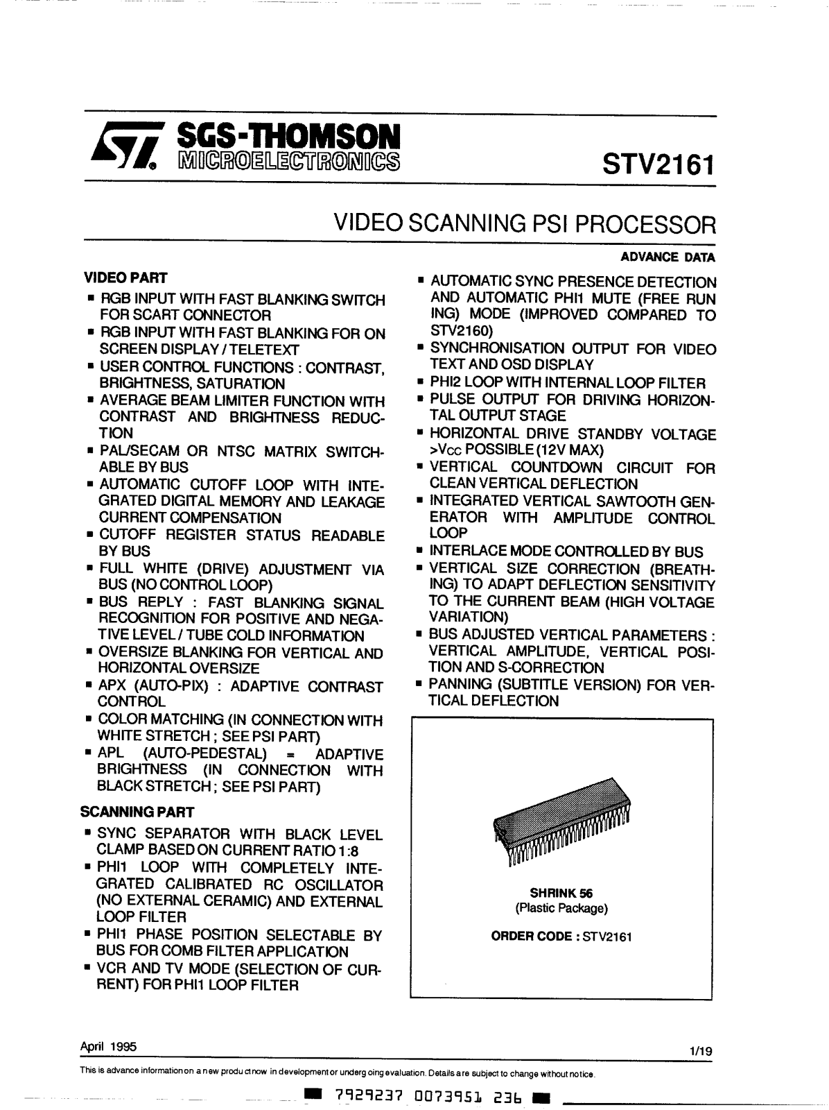 SGS Thomson Microelectronics STV2161 Datasheet