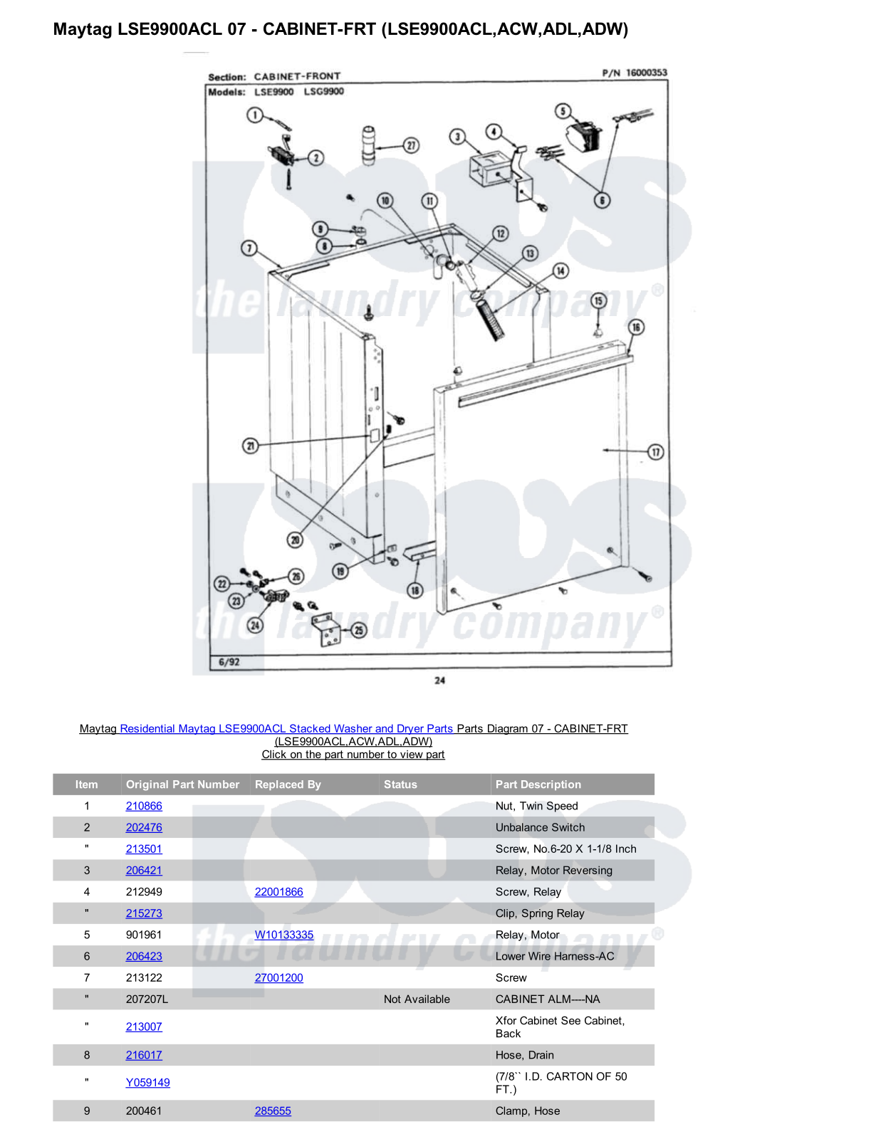 Maytag LSE9900ACL Stacked and Parts Diagram