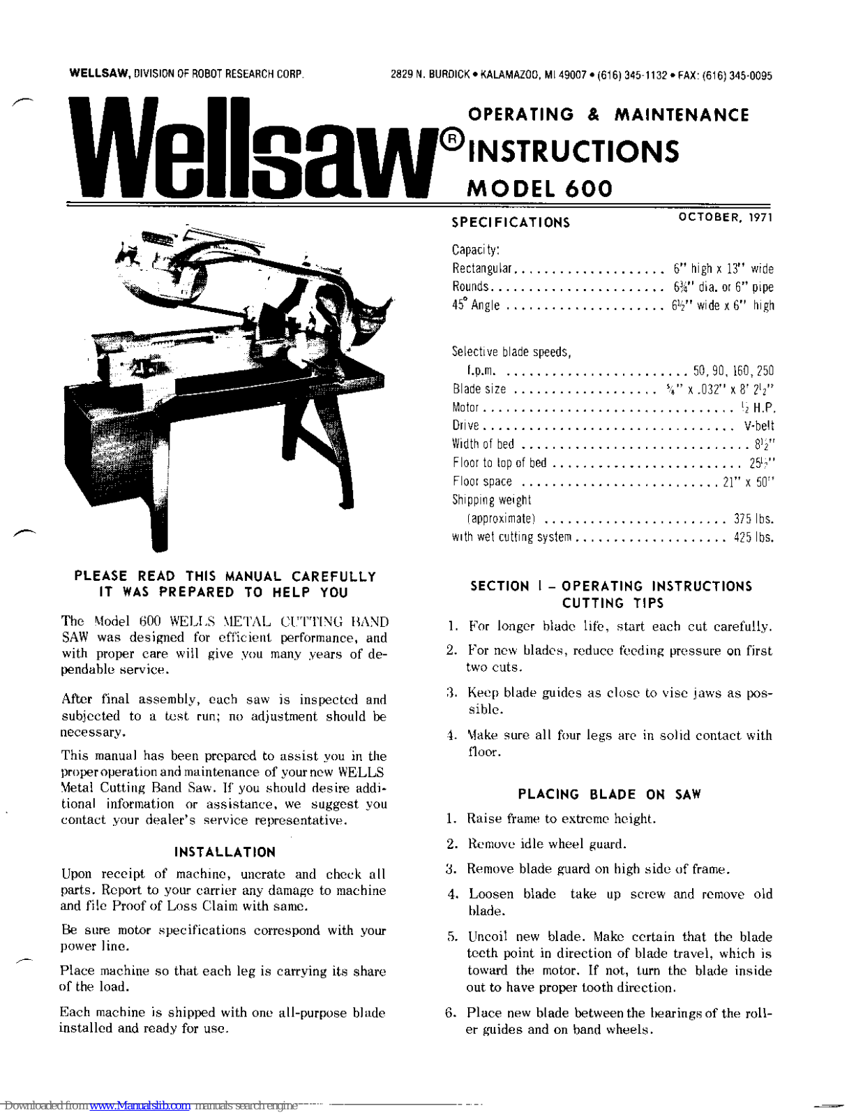 Wellsaw 600 Operating & Maintenance Instructions - ManualMachine.com