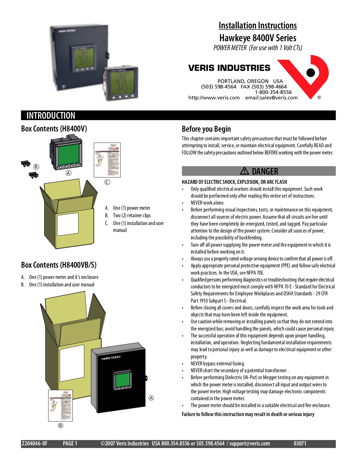 VERIS INDUSTRIES, INC. Hawkeye 8400V Series, H8400VB/S, H8400V Installation Instructions Manual