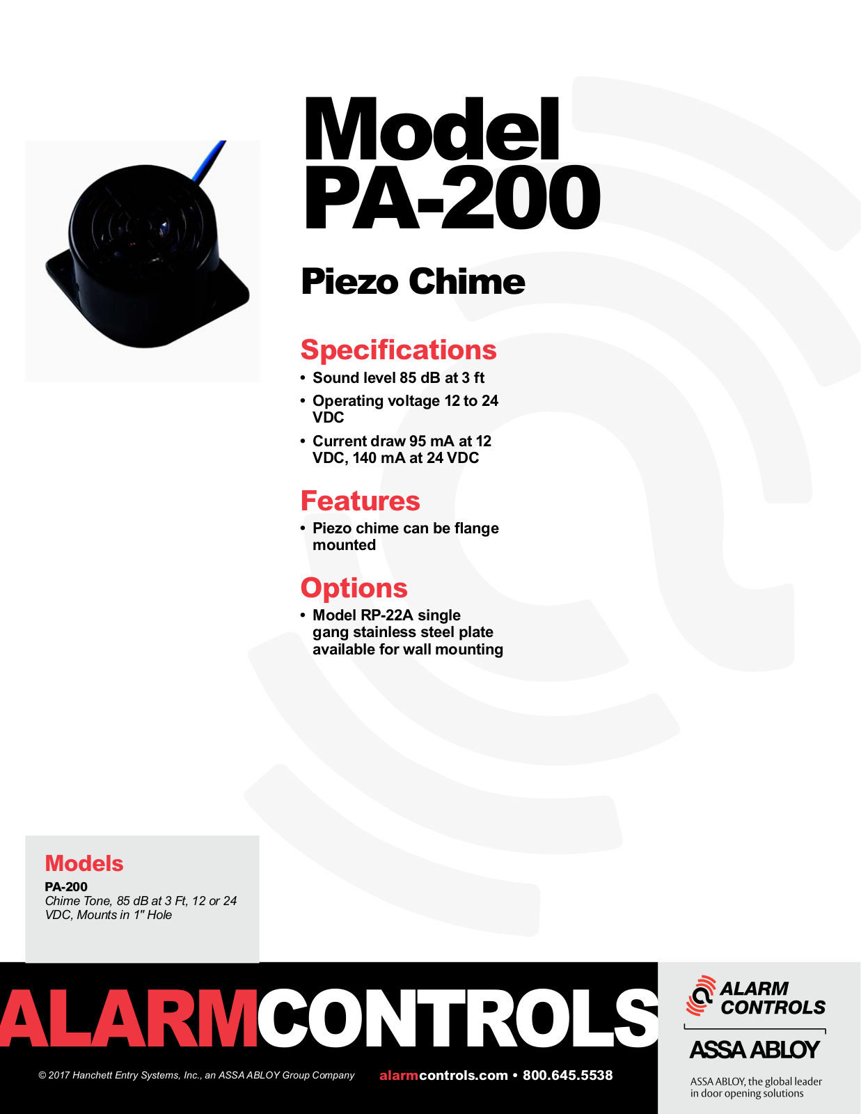 Alarm Controls PA-200 Specsheet