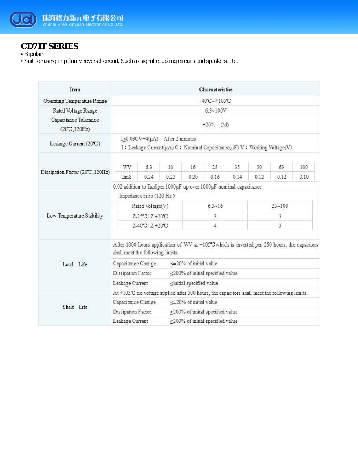 Datasheet J.d [bi-polar radial] CD71T Series Datasheet - ManualMachine.com