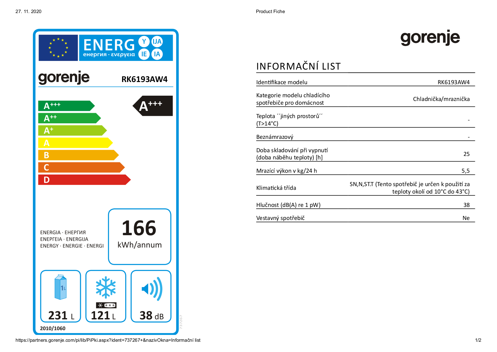 Gorenje RK6193AW4 Information sheet