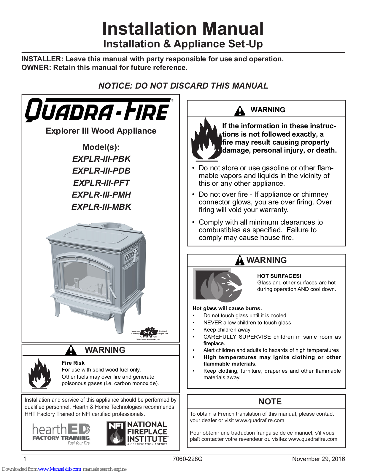 Quadra-Fire EXPLR-III-PBK, EXPLR-III-PMH, EXPLR-III-MBK, EXPLR-III-PDB, EXPLR-III-PFT Installation Manual