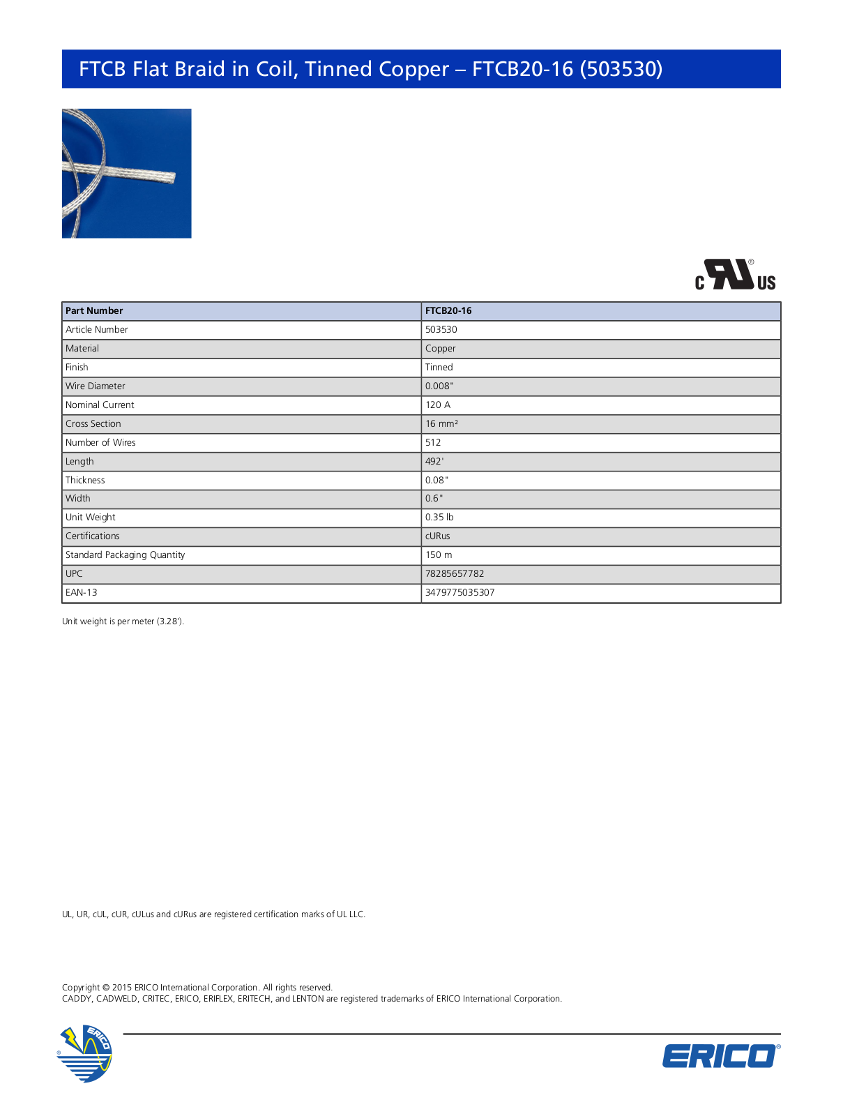 ERICO 503530 Data Sheet