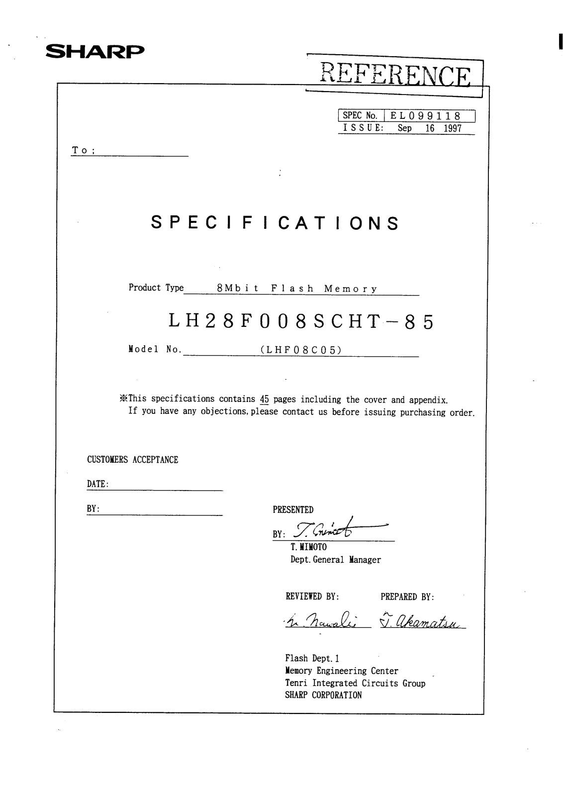 Sharp LH28F008SCSR-L90, LH28F008SCSR-L120, LH28F008SCS-L90, LH28F008SCS-L85, LH28F008SCR-L90 Datasheet