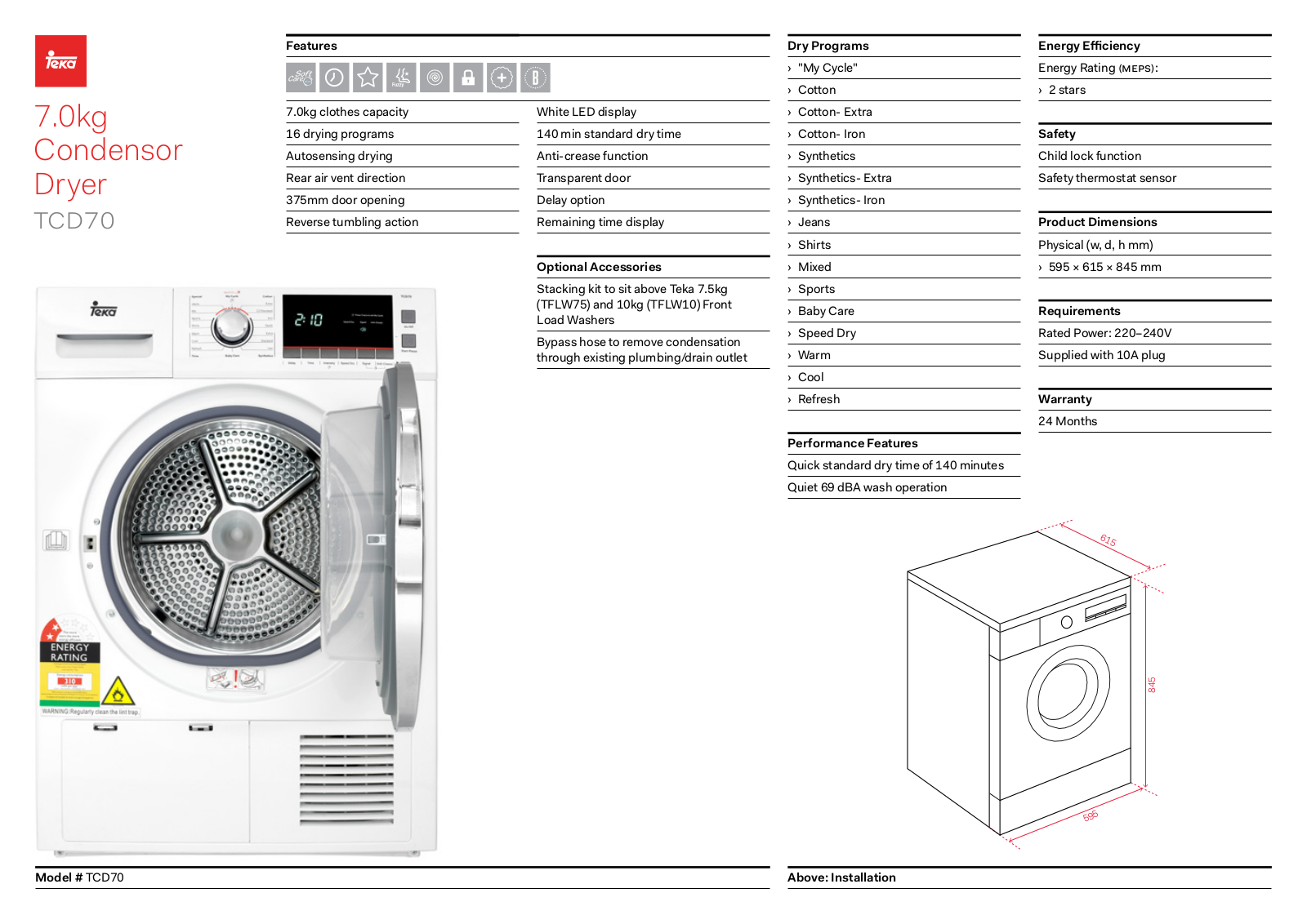 Teka TCD70 Specifications Sheet