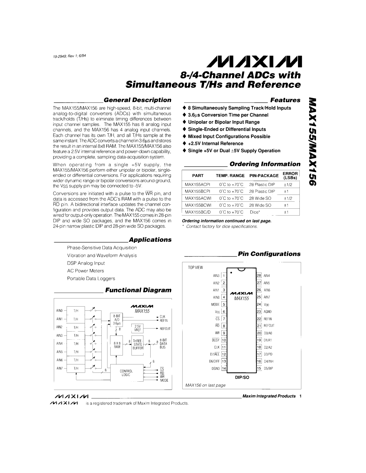 Maxim MAX155BCPI, MAX155AMJI, MAX155AEWI, MAX155AEPI, MAX155ACWI Datasheet