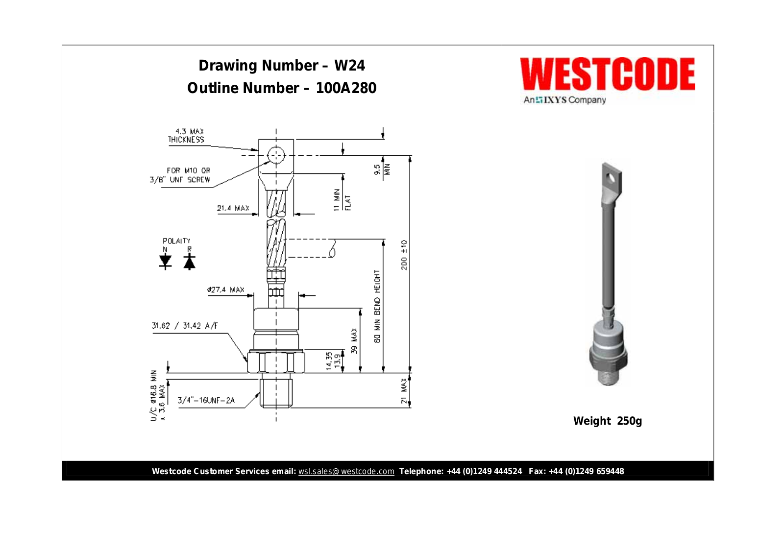 Westcode Semiconductors W24 100A280 Dimensional Sheet