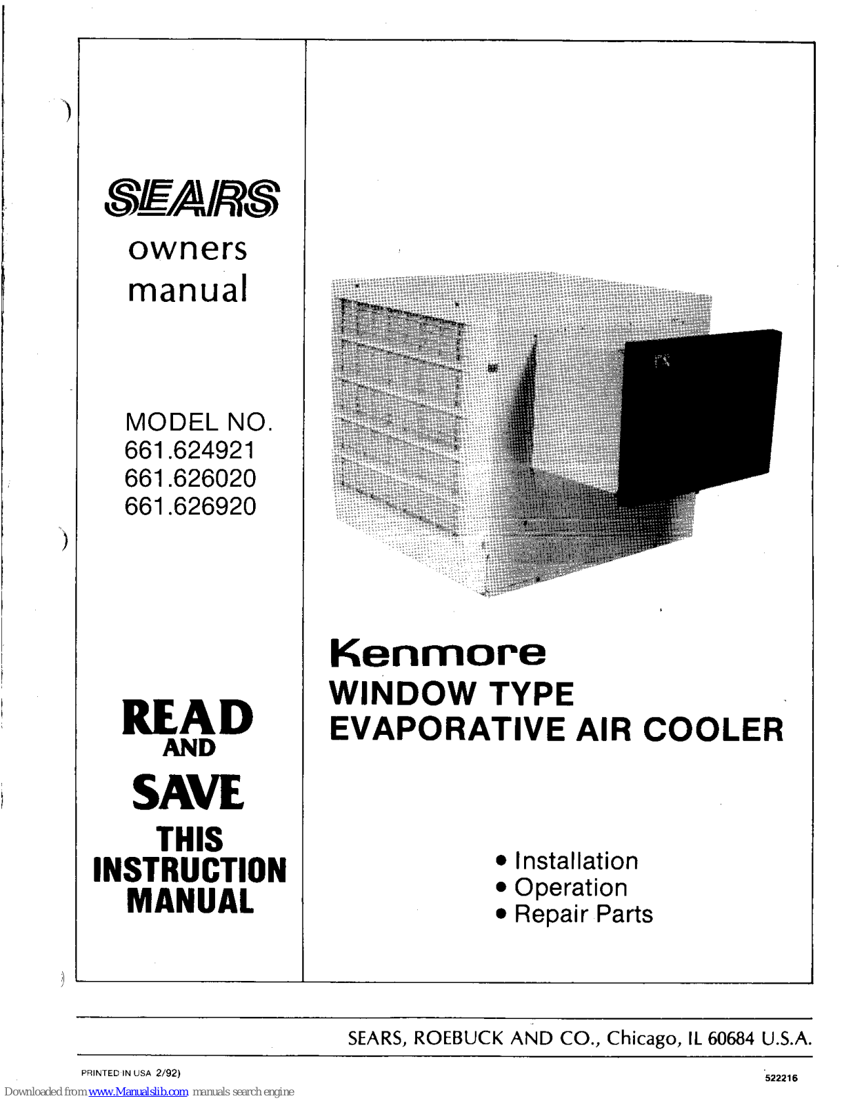 Sears 661.624921,661.626020,661.626920 Owner's Manual