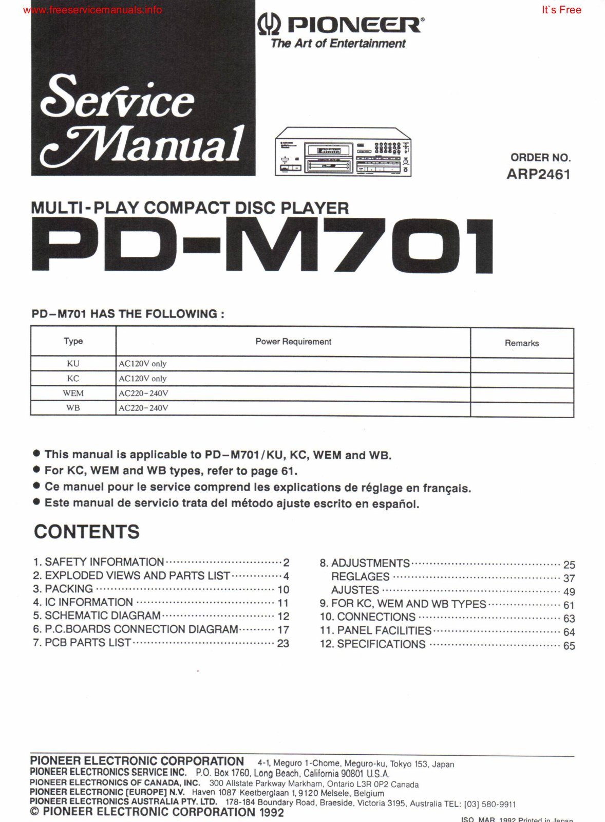 Pioneer PD-M701, XD-Z53T Service Manual