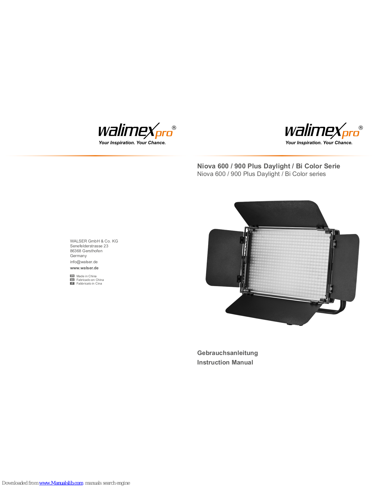 Walimex Pro Niova 600 Plus Daylight, Niova 600 Plus BI Color, Niova 900 Plus BI Color, Niova 900 Plus Daylight Instruction Manual