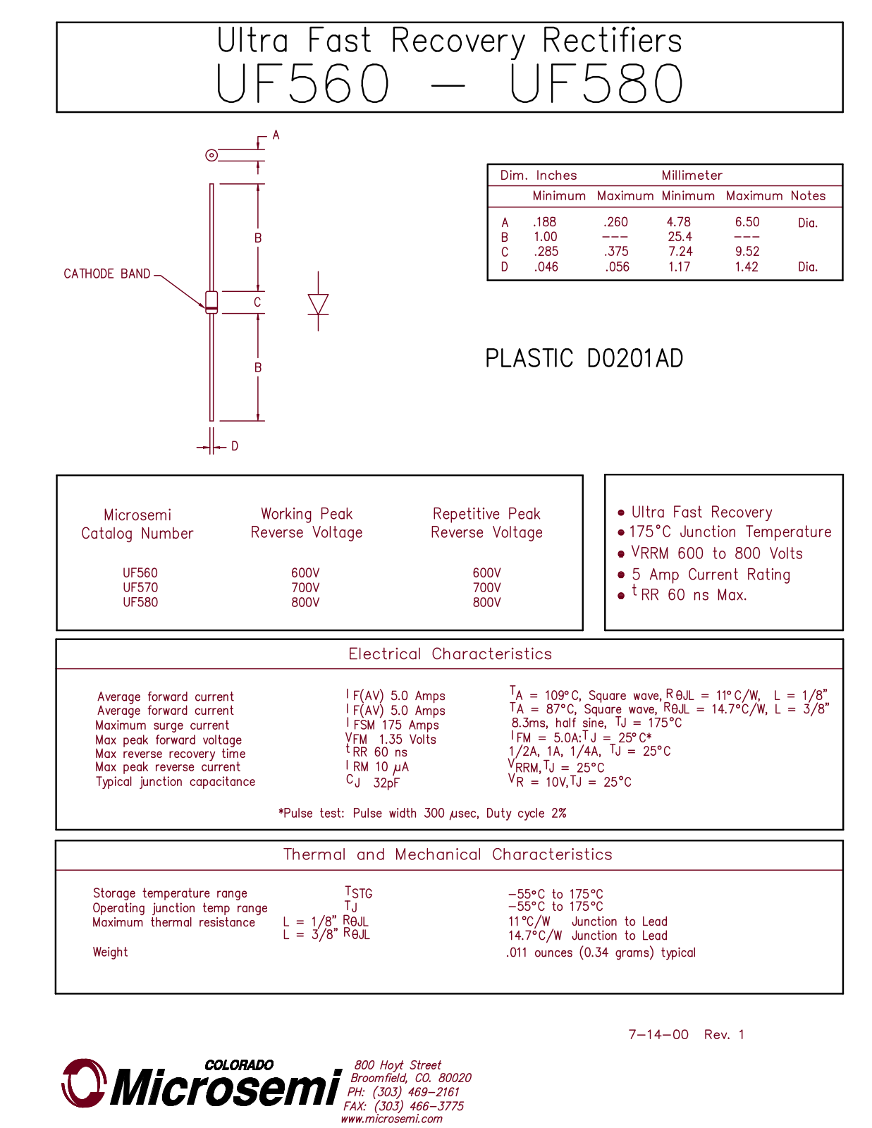 Microsemi UF580, UF560, UF570 Datasheet