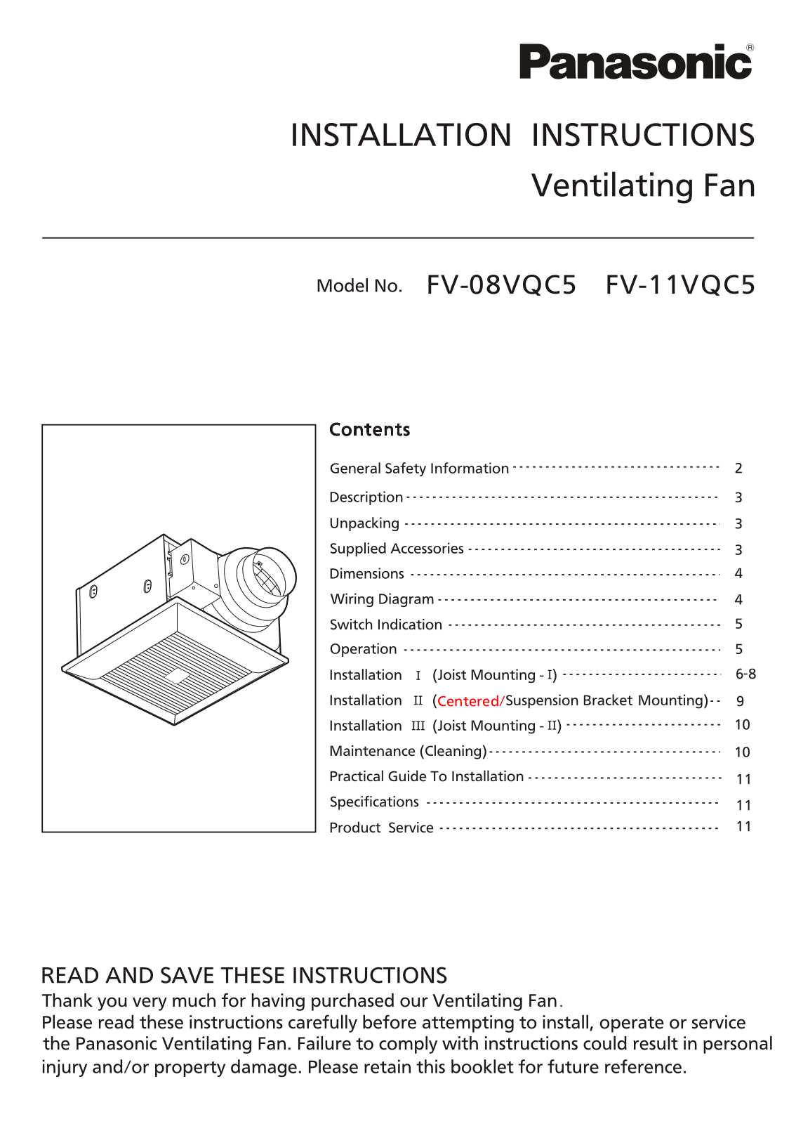 Panasonic FV-08VQC5, FV-11VQC5 Installation Manual