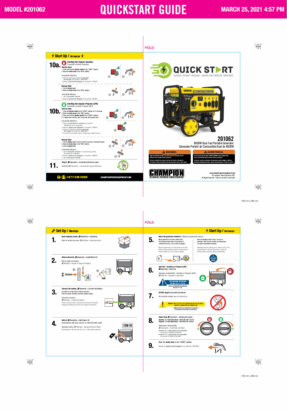 Champion Power Equipment 201062 QUICK START GUIDE