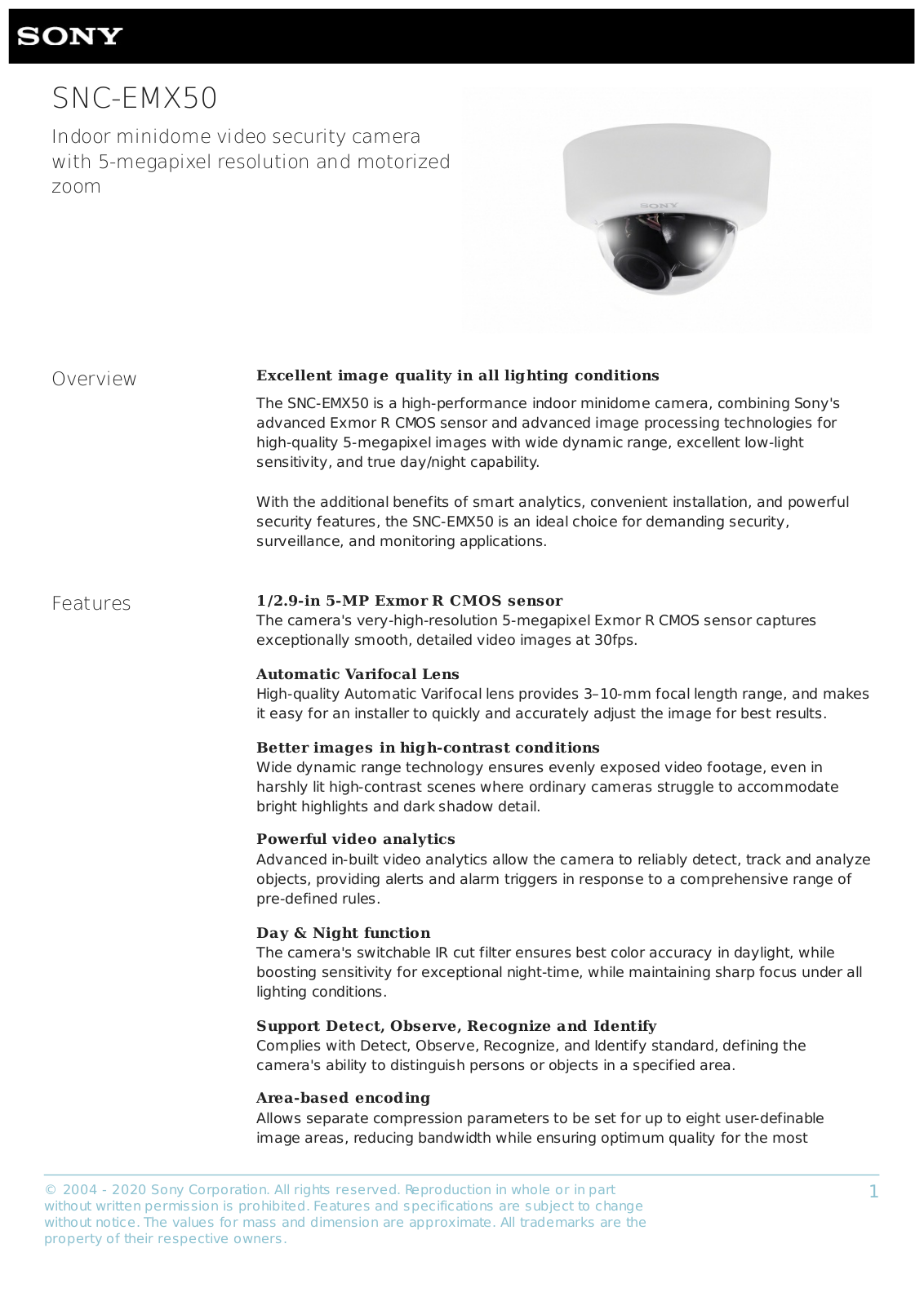 Sony SNC-EMX50 Specsheet