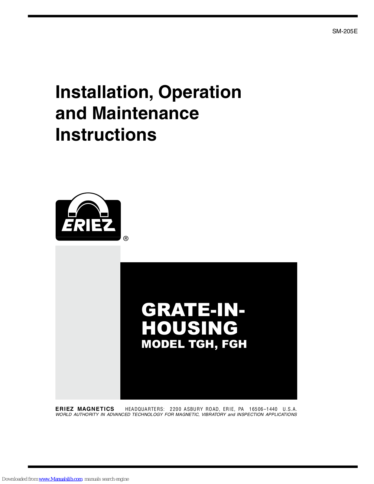 Eriez TGH, FGH Installation, Operation And Maintenance Manual