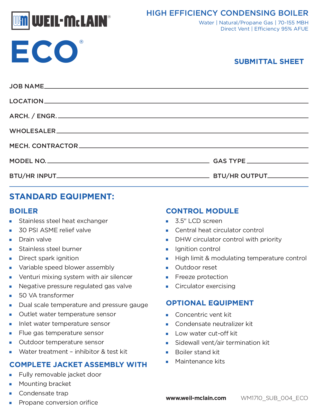 Weil-McLain ECO 70, ECO 110, ECO 155 Specification Sheet