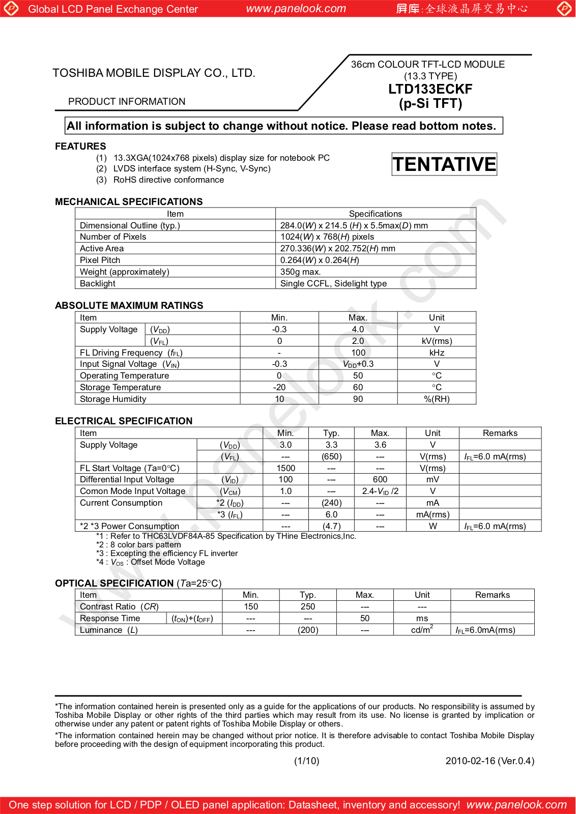 TOSHIBA LTD133ECKF Specification