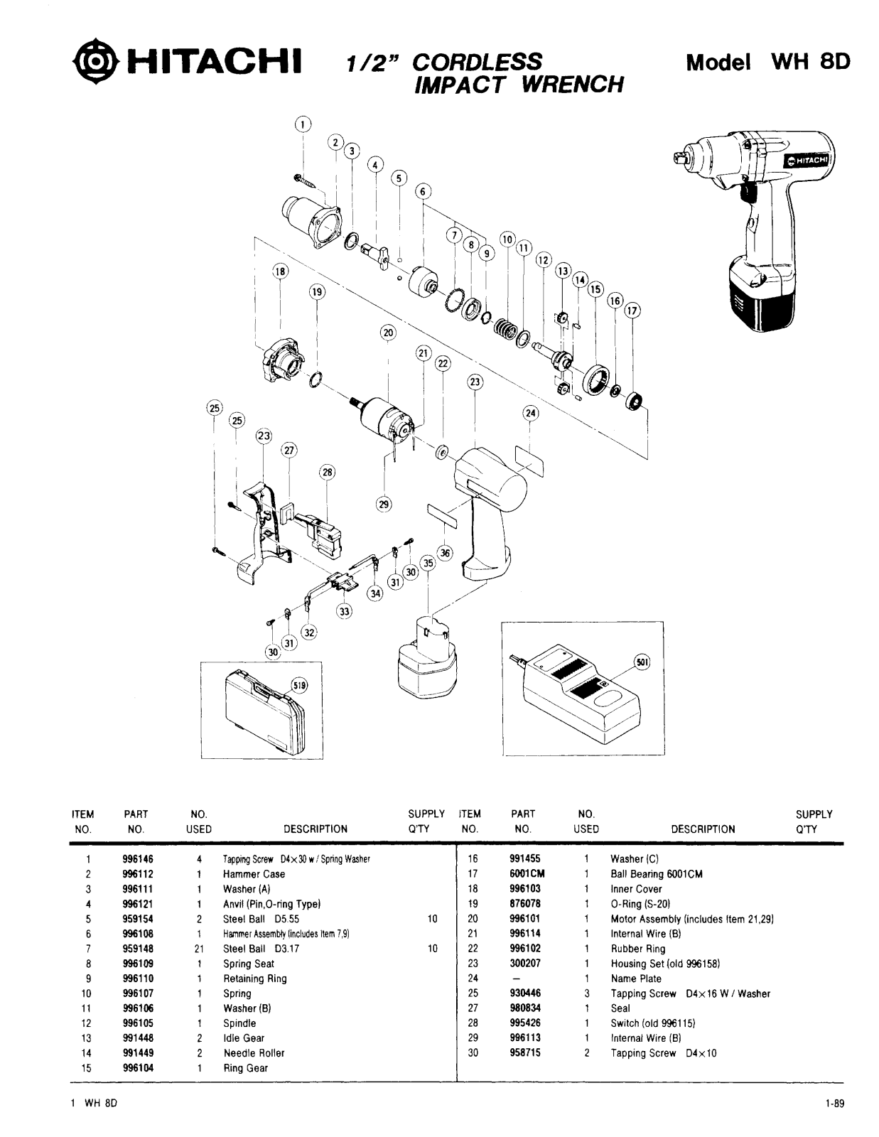 Hitachi WH8D PARTS LIST