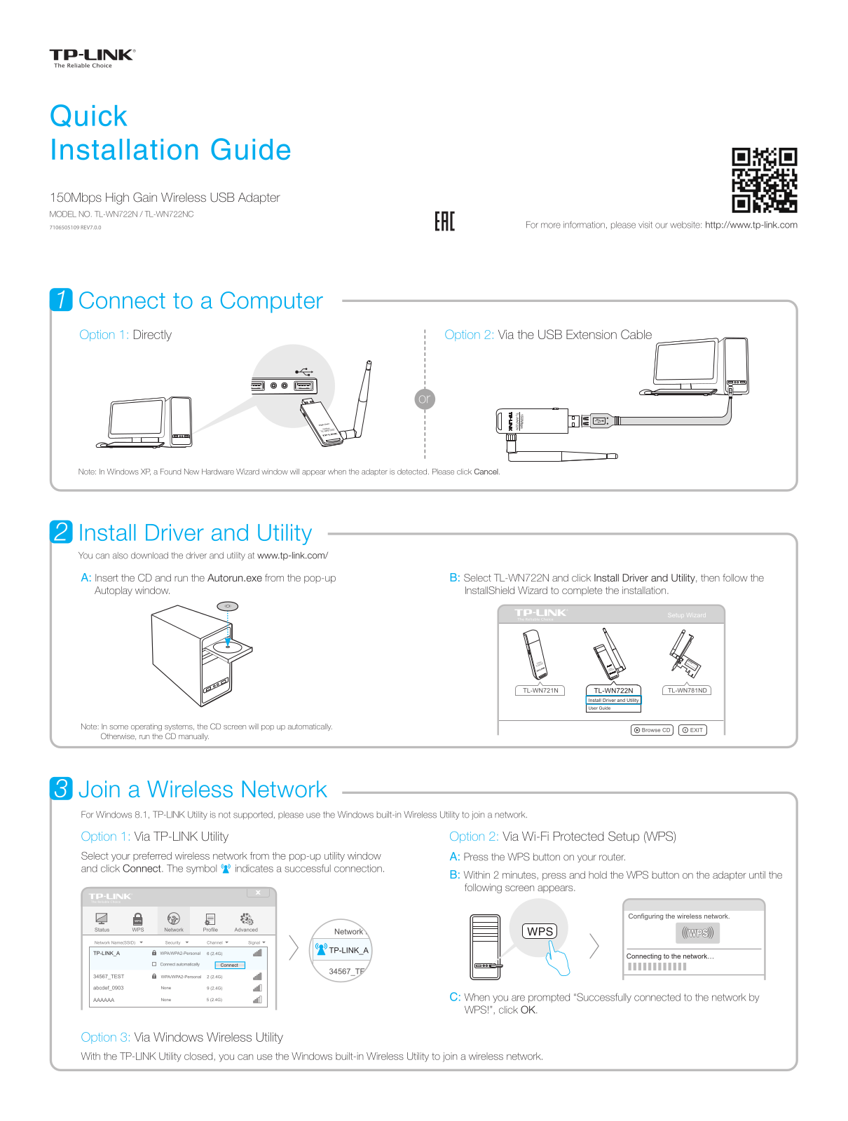 TP-Link TL-WN722N, TL-WN722NC Quick Installation Guide