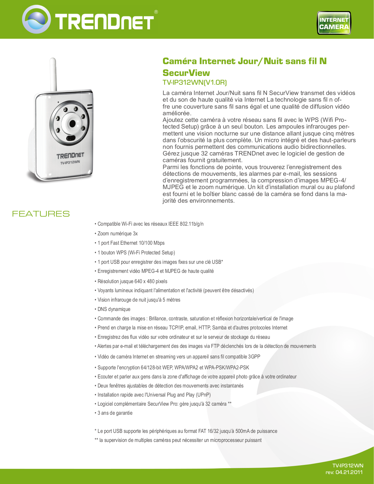 Trendnet TV-IP312WN DATASHEET