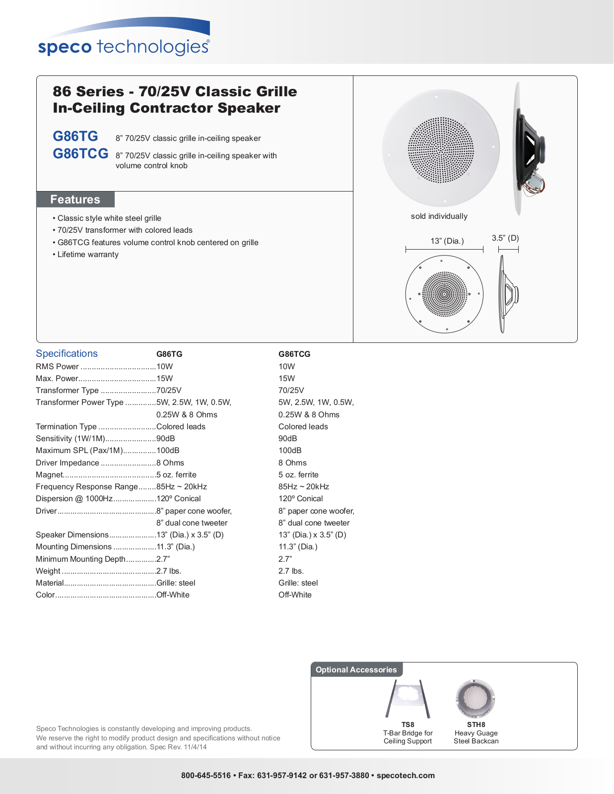 Speco G86TG, G86TCG Specsheet