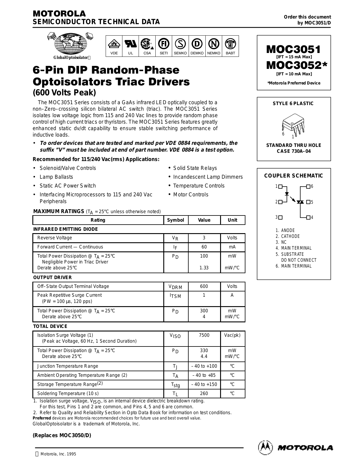 Motorola MOC3052, MOC3051 Datasheet