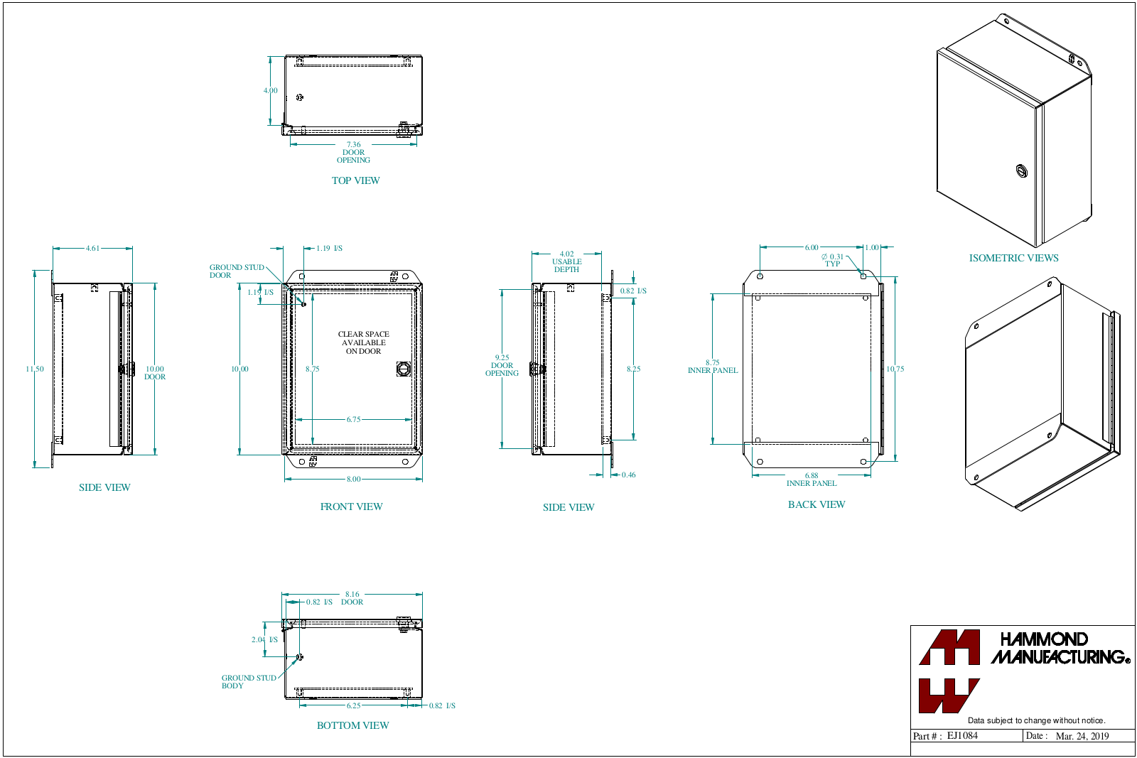 Hammond Manufacturing EJ1084 technical drawings