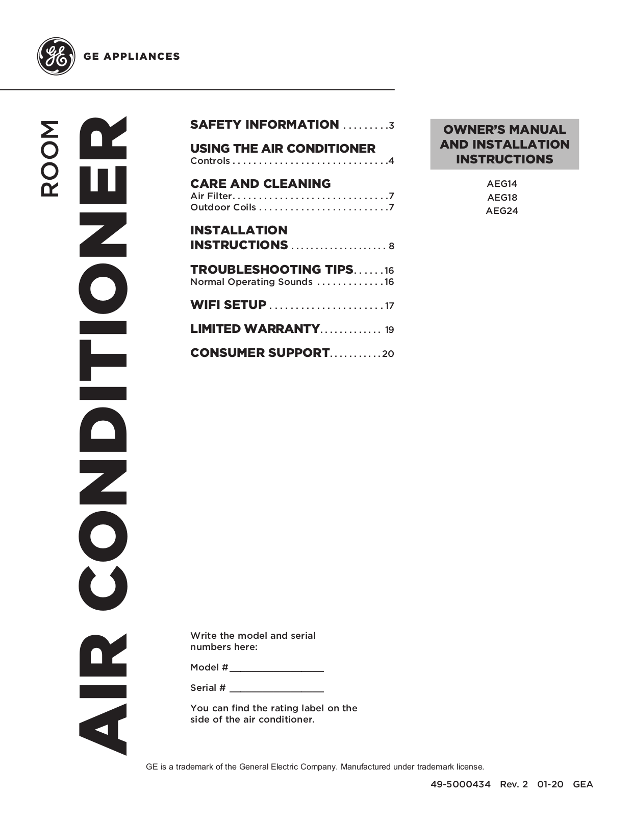 GE AEG14, AEG18, AEG24 Owner’s Manual & Installation Instructions