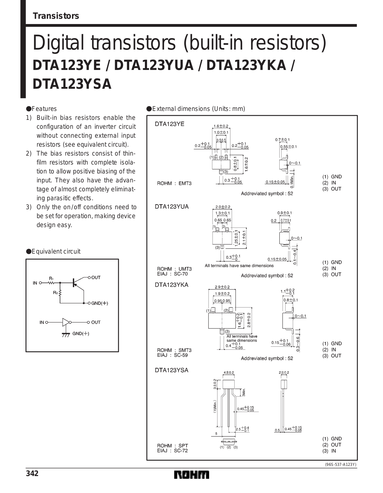 ROHM DTA123YUA, DTA123YSA, DTA123YKA, DTA123YE Datasheet