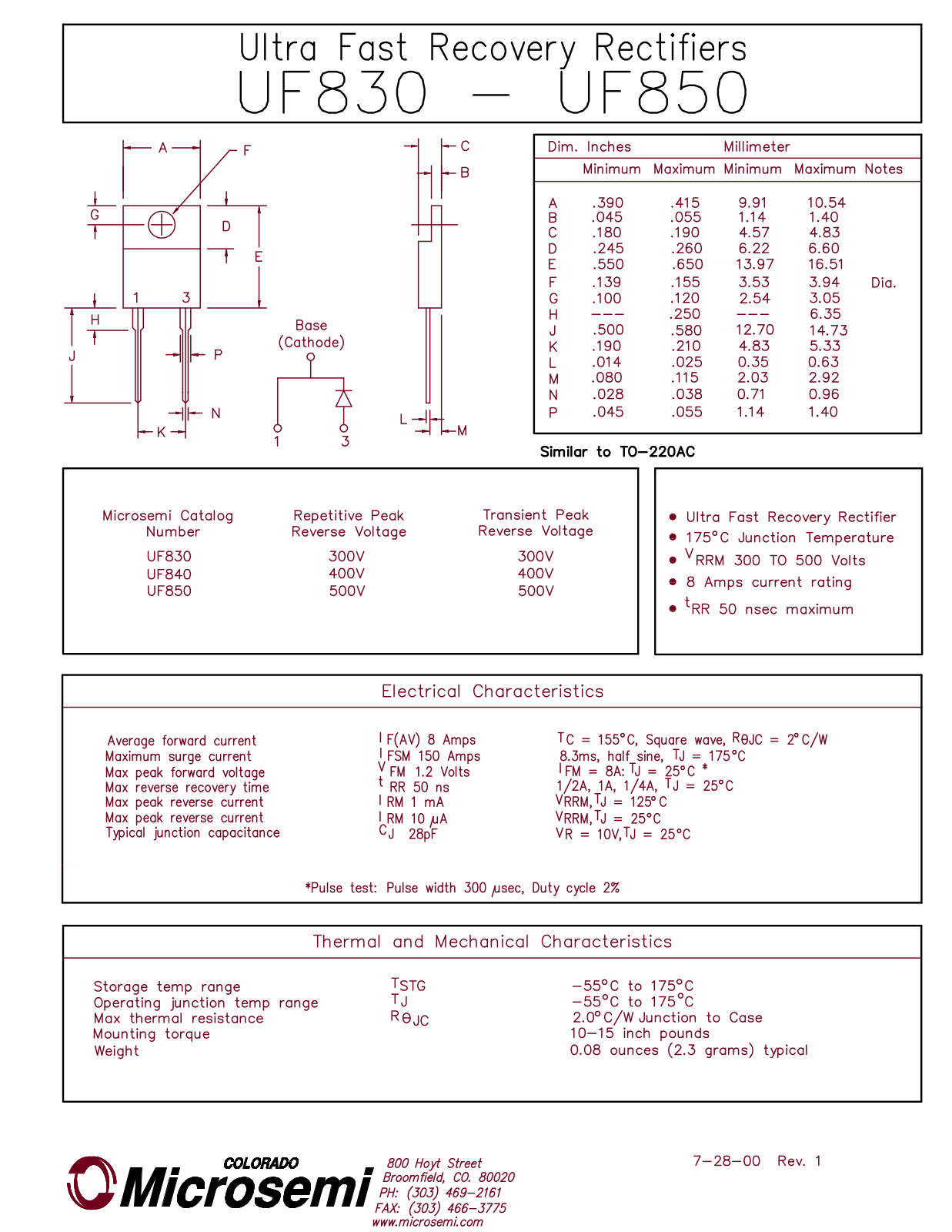 Microsemi UF850, UF840, UF830 Datasheet