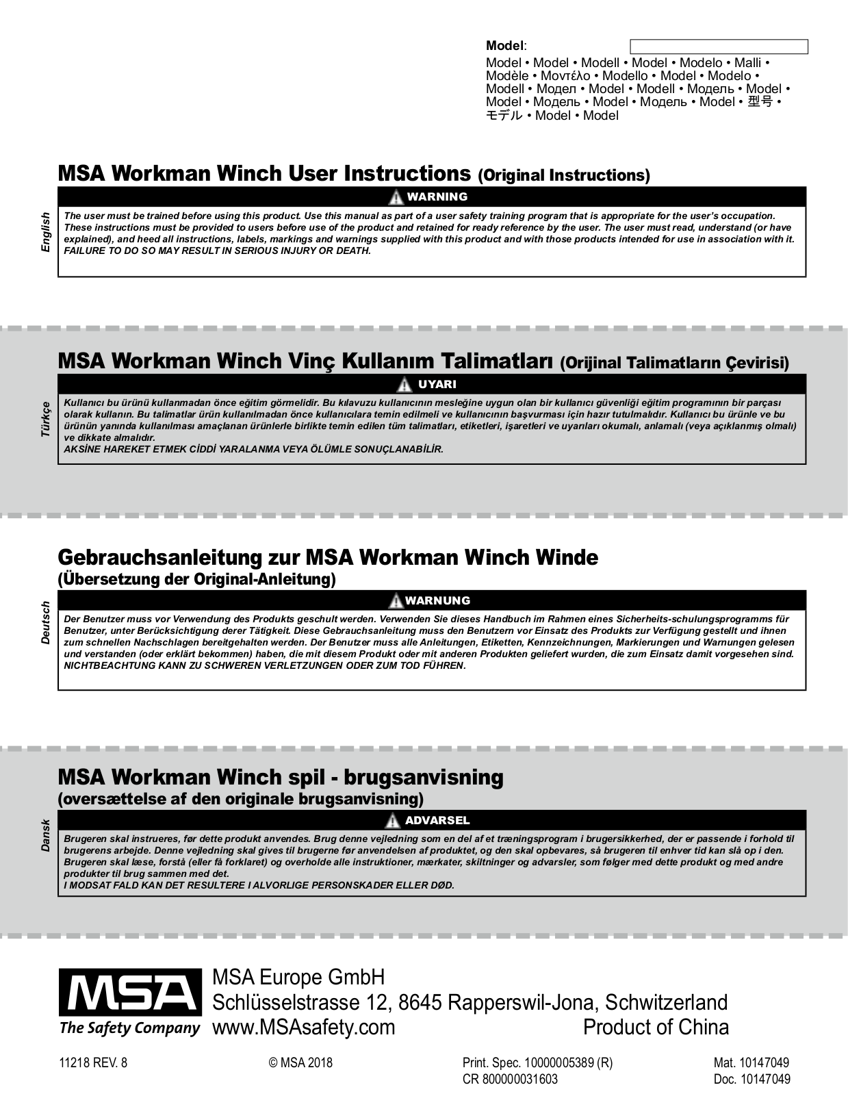 MSA Workman Winch, Workman User Instructions