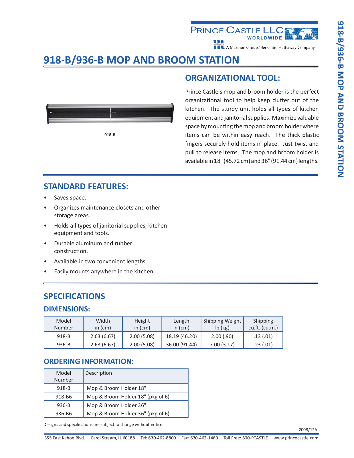 Prince Castle 918B, 918-B6 Specifications