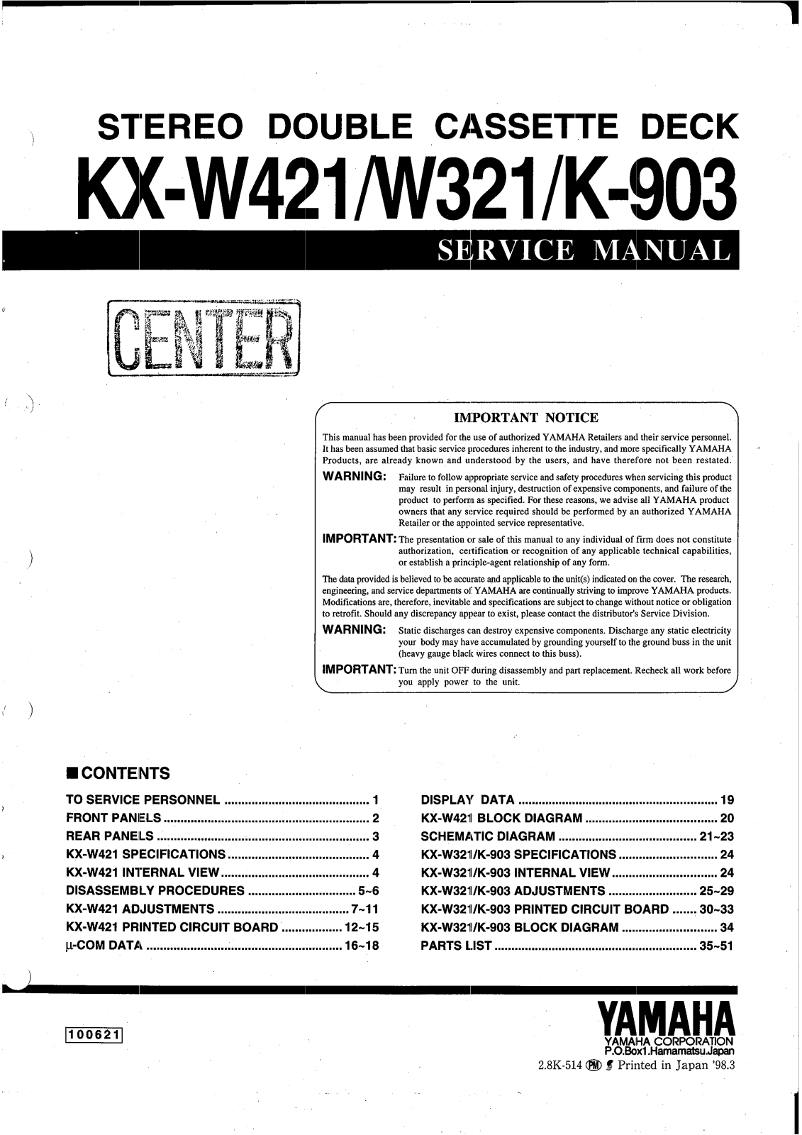 Yamaha W-321, K-903 Service Manual