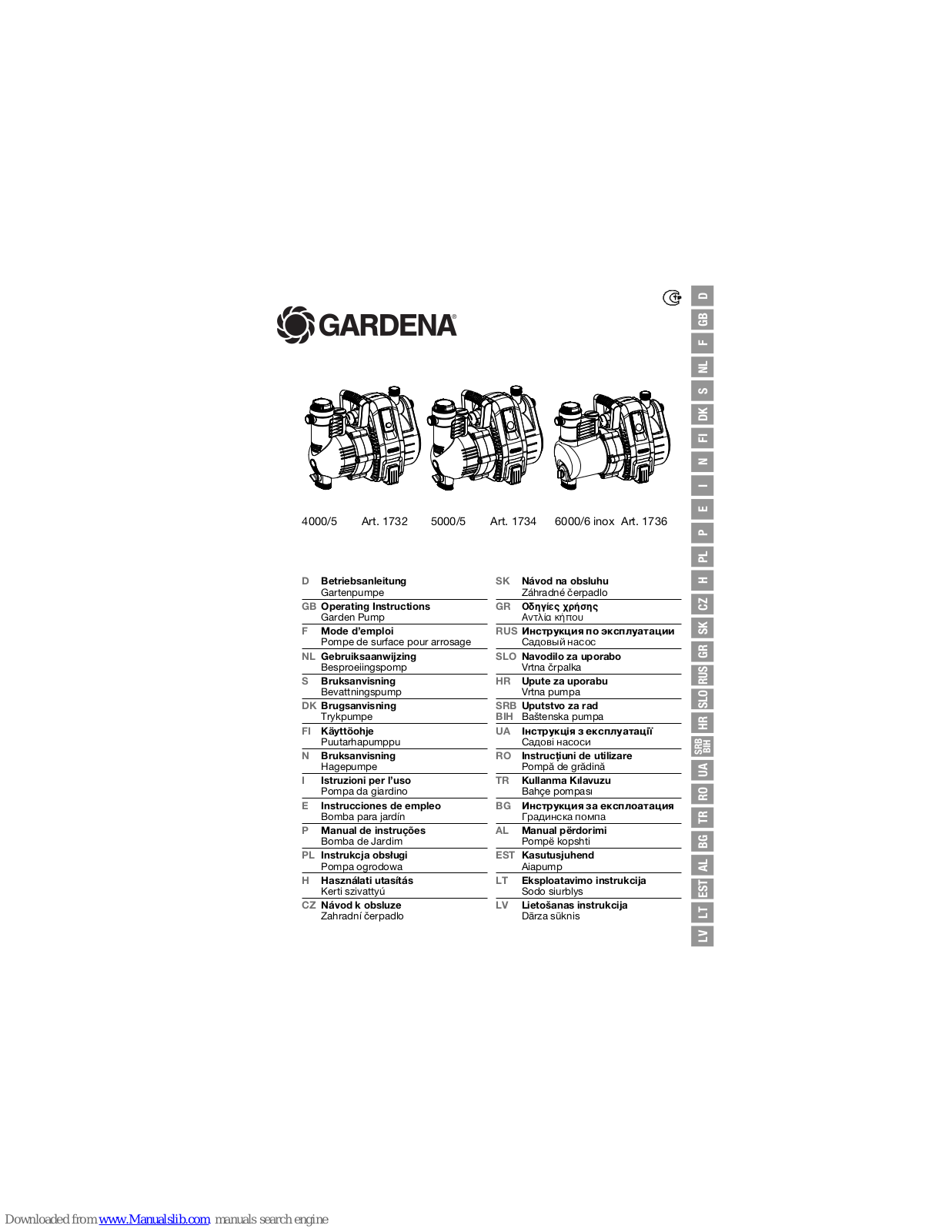 Gardena 1732, 5000/5, 1734, 6000/6 inox, 1736 Operating Instructions Manual