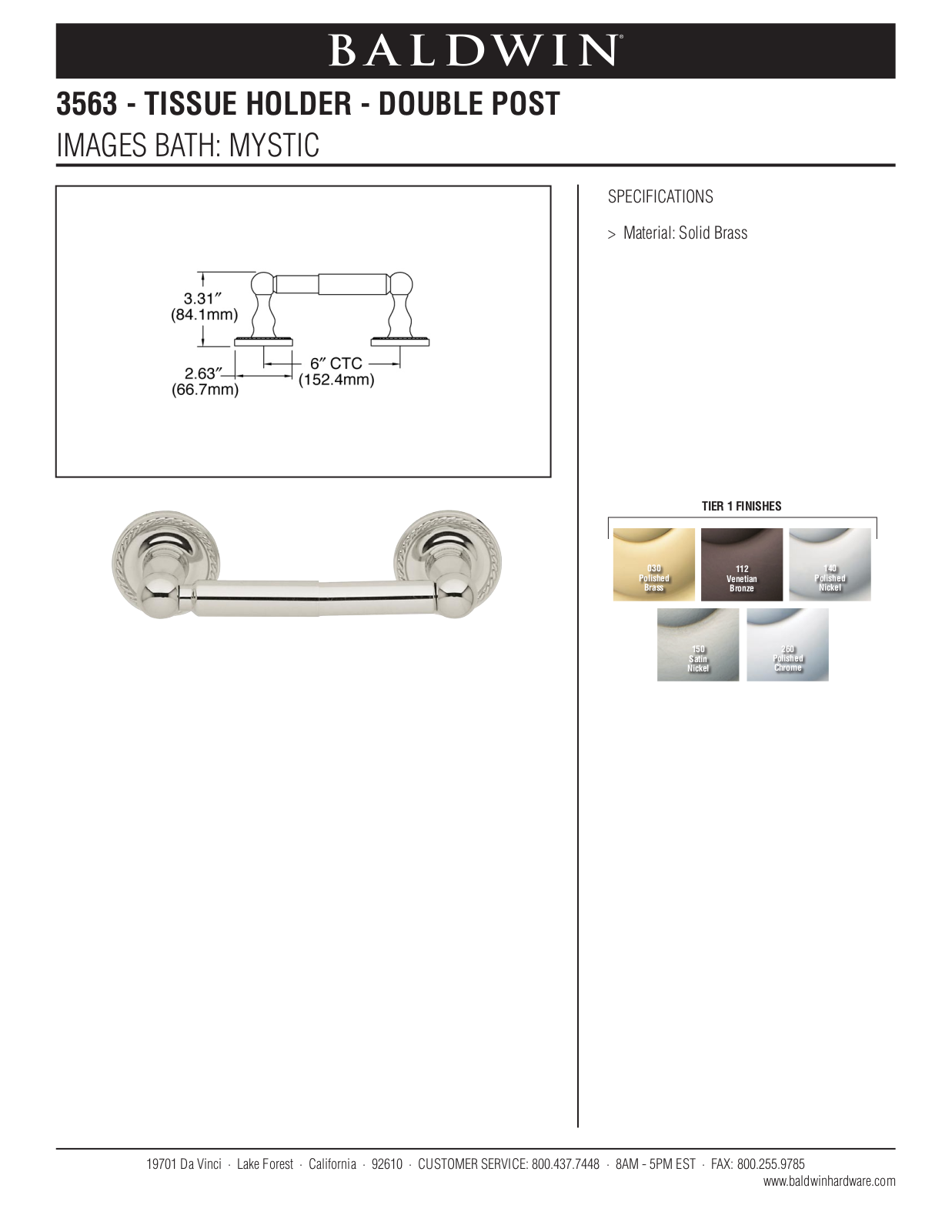 Baldwin Mystic Tissue Holder User Manual