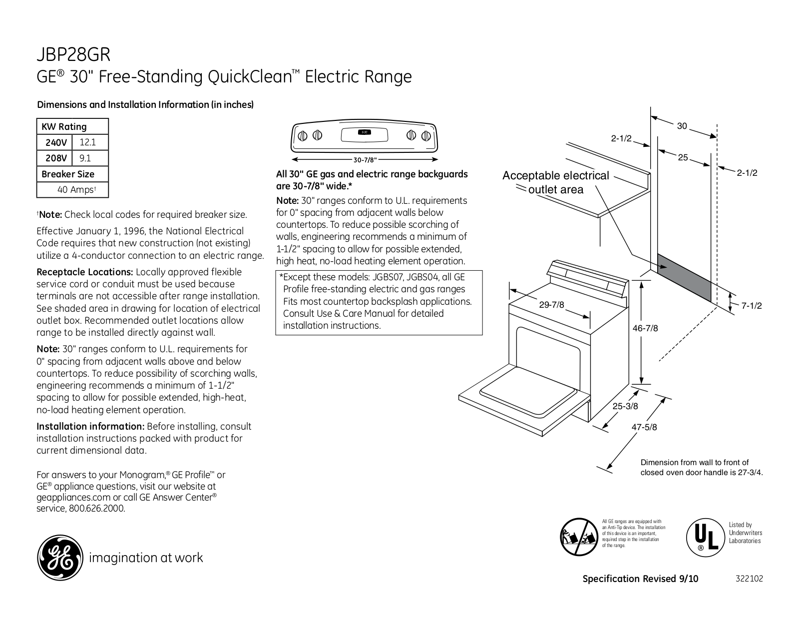 General Electric JBP28GRSA User Manual