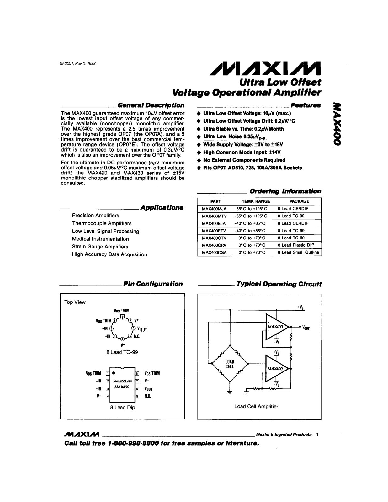 Maxim MAX400MTV, MAX400MJA, MAX400ETV, MAX400EJA, MAX400CTV Datasheet