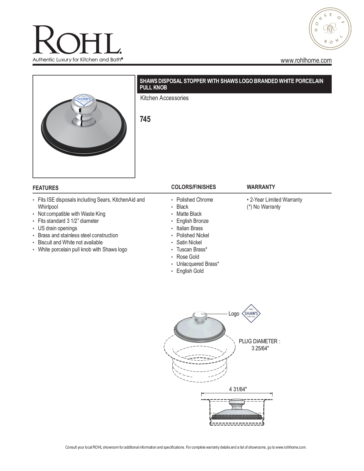 Rohl 745 Specification Sheet - ManualMachine.com