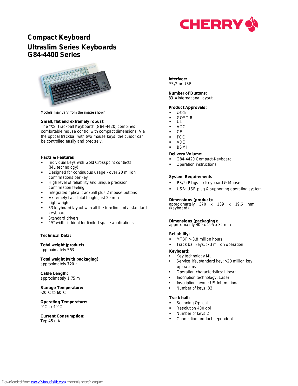 Cherry XS Trackball Keyboard Operation Instructions Manual