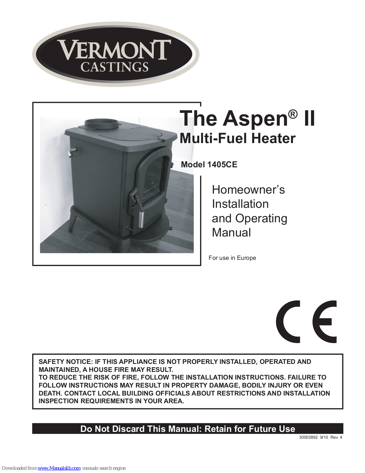 Vermont Castings The Aspen II 1405CE, Aspen II 1405C Homeowner's Installation And Operating Manual