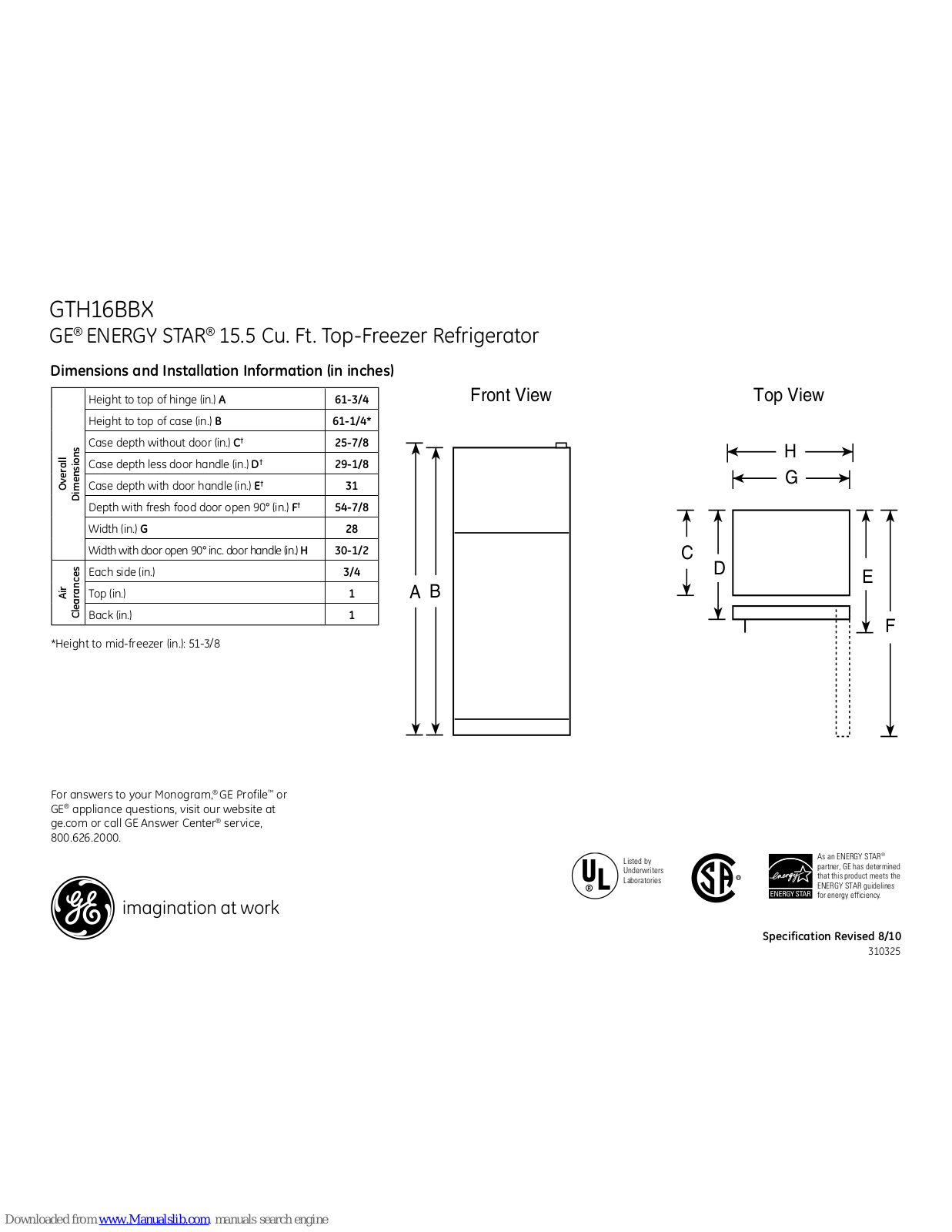 GE GTH16BBXLWW, GTH16BBXRCC, GTH16BBXRWW, GTH16BBXWW, GTH16BBXCC Dimensions And Installation Information