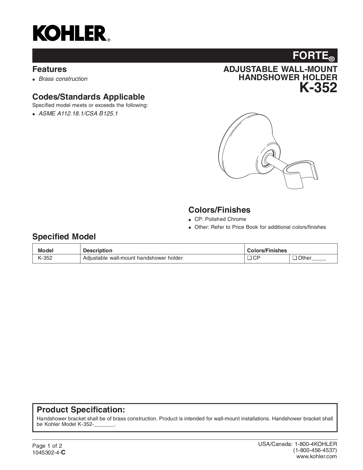 Kohler KOH6367 Specifications - ManualMachine.com