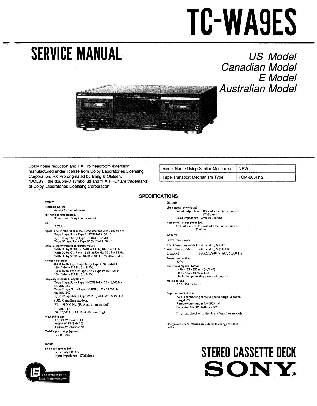 Sony TCWA-9-ES Service manual