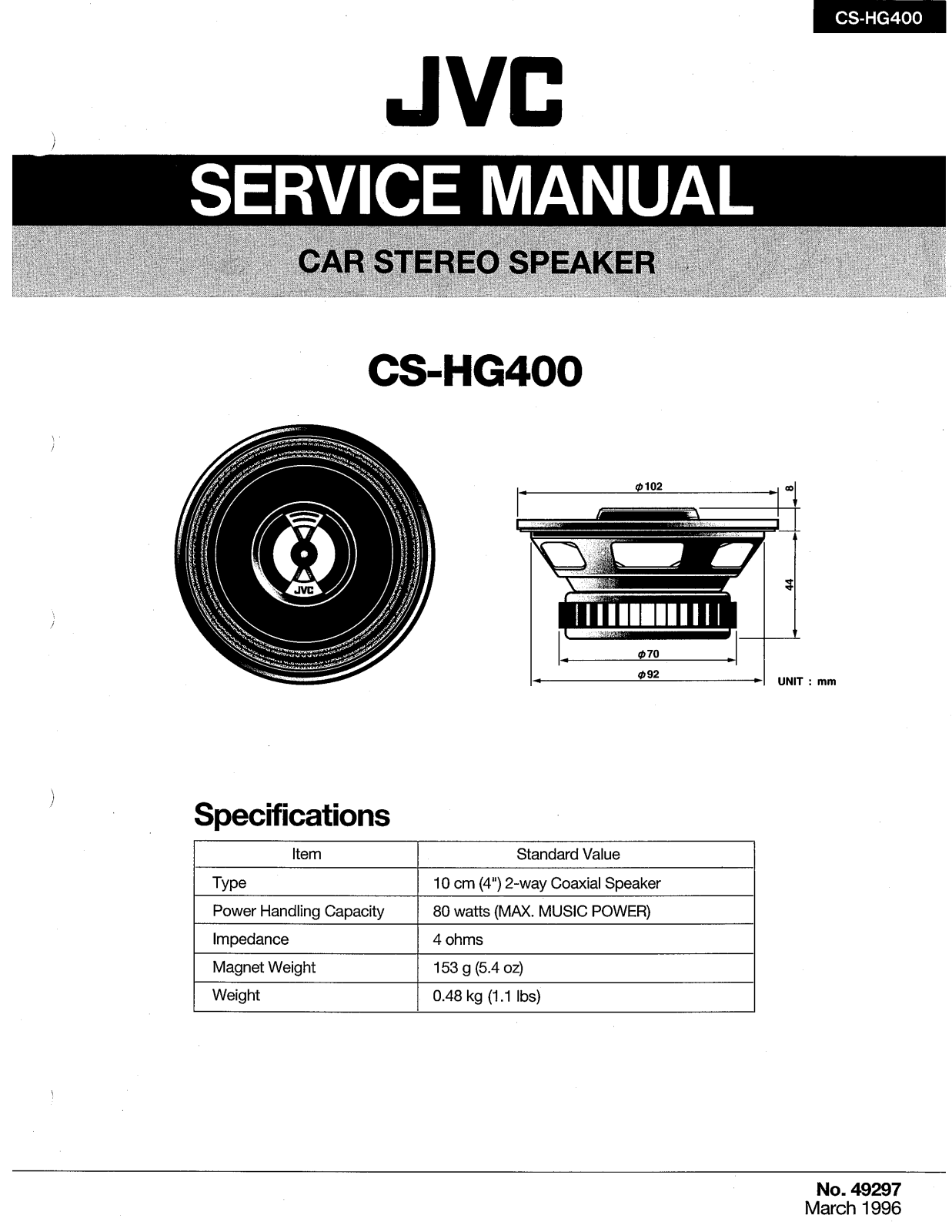 JVC CS-HG400U, CS-HG400UL, CS-HG400ULA Service Manual