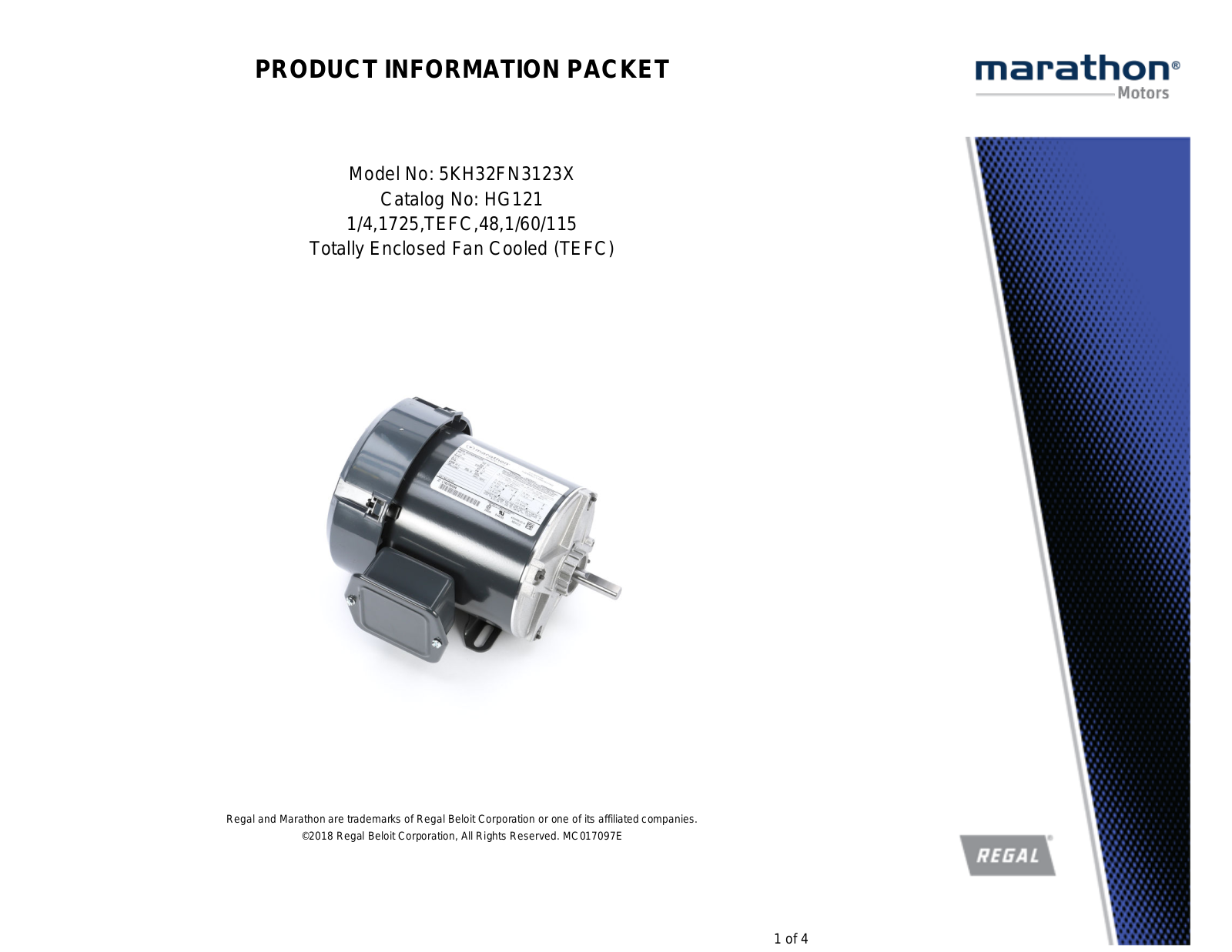 Marathon Electric 5KH32FN3123X Product Information Packet