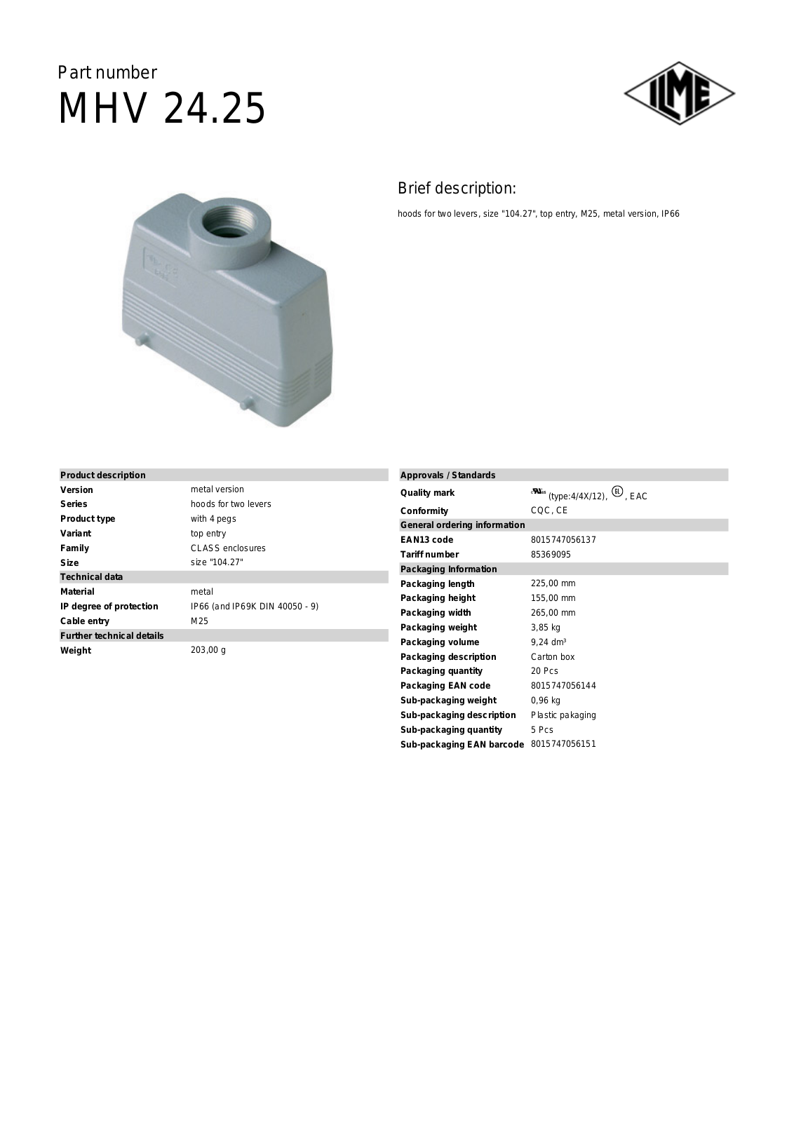 Datasheet MHV-24.25 Datasheet (ILME) - ManualMachine.com